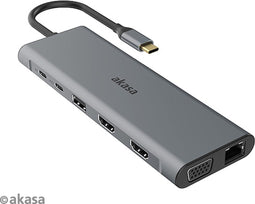 Akasa USB Type-C 14-In-1 Dock(Data / PD Type C, 2 x HDMI, VGA, 3xUSB3.2 Gen1 / 2xUSB 2.0 Type-A,RJ45, SD and Micro SD Card Reader, 3.5mm Audio Jack)