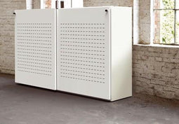 Akoestische schuifdeurkast breed 200CM diep 48CM hoogte 122CM bladkleur Logan eiken framekleur Antraciet (Ral 7016)