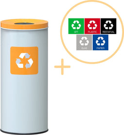 Alda Eco Nord White Bin, Prullenbak - 45L - Wit/Geel- Afvalscheiding Prullenbakken - Gemakkelijk Afval Scheiden – Recyclen - Afvalemmer - Vuilnisbak voor huishouden en kantoor - Afvalbakken - Inclusief 5-delige Stickerset