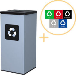 Alda Eco Square Bin, Prullenbak - 60L - Grijs/Zwart - Afvalscheiding Prullenbakken - Gemakkelijk Afval Scheiden – Recyclen - Afvalemmer - Vuilnisbak voor huishouden en kantoor - Vierkante Afvalbakken - Inclusief 5-delige Stickerset