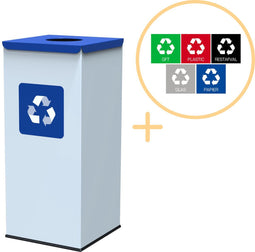 Alda Eco Square Nord White Bin, Prullenbak - 60L - Wit/Blauw - Afvalscheiding Prullenbakken - Gemakkelijk Afval Scheiden – Recyclen - Afvalemmer - Vuilnisbak voor huishouden en kantoor - Vierkante Afvalbakken - Inclusief 5-delige Stickerset