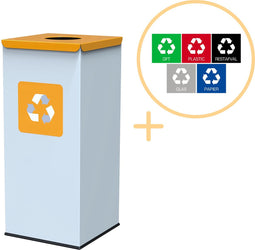 Alda Eco Square Nord White Bin, Prullenbak - 60L - Wit/Geel - Afvalscheiding Prullenbakken - Gemakkelijk Afval Scheiden – Recyclen - Afvalemmer - Vuilnisbak voor huishouden en kantoor - Afvalbakken - Inclusief 5-delige Stickerset