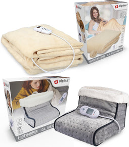 alpina Elektrische Deken en Voetenwarmer - Warmtedeken 1 Persoons - Bovendeken en Voetverwarmer met Temperatuurregelaar en Timer - Grijs/Beige