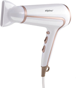 alpina Föhn 1600-2000W - Haardroger met 3 Warmte Instellingen - Haar Droger met Cool Shot - Hair Dyrer incl. Extra Blaasmond en Ophanglus - Wit/Rosé