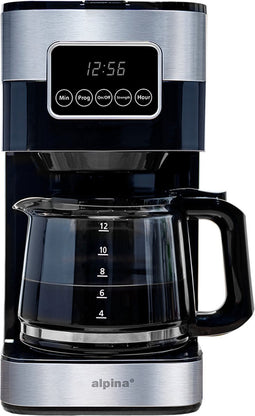 alpina Koffiezetapparaat Filterkoffie - Koffiemachine 1.5L/ 12 Kopjes Filter Koffie - Koffie Machine met Digitaal Display, Timer en Warmhoudplaat - Instelbare Koffie Sterkte - Zwart