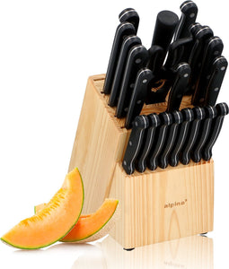 alpina Messenset met Messenblok 22-Delig - RVS Messen incl. Koksmes en Broodmes - Keukenmessen met Blok - Messenhouder Hout