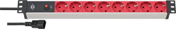 Alu-Line 19" contactdoosstrook voor schakelkasten met 10A stroomonderbreker en IEC C14 8-voudig zilver/rood 2m H05VV-F 3G1,0