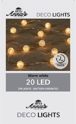 Anna's Collection LED Lichtslinger/lichtsnoer - 20 led bolletjes - 200 cm - wit - batterij