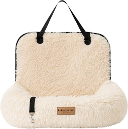 By Cee Cee Fluffy Autostoel Hond - Luxe Hondenmand Auto Met Veiligheidsriempje - Beige - Maat M