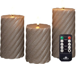 Anna Collection LED kaarsen/stompkaarsen set - 3x st - taupe grijs - swirl - afstandsbediening