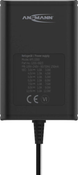 Ansmann 1201-0023 Stekkernetvoeding, instelbaar 12 V/DC, 9 V/DC, 7.5 V/DC, 6 V, 4.5 V/DC, 3 V 1000 mA 12 W