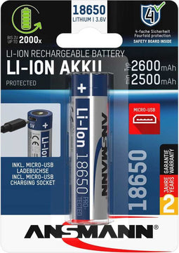 Ansmann LiIon 18650 3.6V 2600mAh met micro-USB-oplaadaansluiting met beveiligingsschakeling