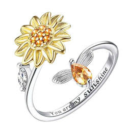 Anxiety Ring - (Draairing Zonnebloem/Bij) - Stress Ring - Fidget Ring - Anxiety Ring For Finger - Draaibare Ring Dames - Spinning Ring - Spinner Ring - (Koper) Silver-plated