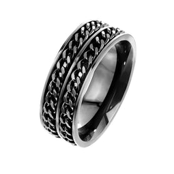 Anxiety Ring - (Dubbele Ketting) - Stress Ring - Fidget Ring - Anxiety Ring For Finger - Draaibare Ring - Spinning Ring - Vol Zwart kleurig RVS - (22.25 mm / maat 70)