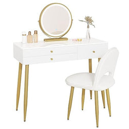 Woltu Make-up Tafel MB6105ws met Kruk en LED Spiegel - Houten Make-up Bureau met Verstelbare