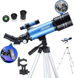Aomekie Telescopische Astronomie 70/400 verrekijker telescoop voor kinderen en beginners met aluminium statief, smartphone-adapter en maanfilter