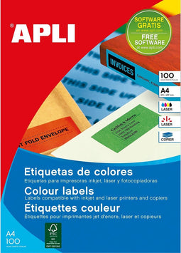 Apli Gekleurde etiketten formaat 210 x 297 mm (b x h) groen 100 stuks 1 per blad