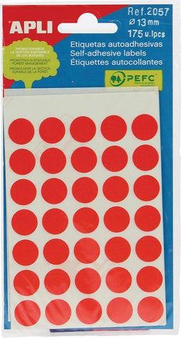Apli ronde etiketten in etui diameter 13 mm, rood, 175 stuks, 35 per blad (2057)