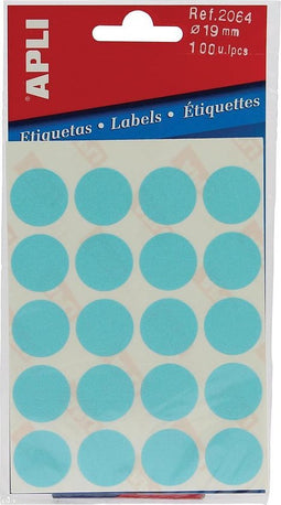 Apli ronde etiketten in etui diameter 19 mm, blauw, 100 stuks, 20 per blad (2064)