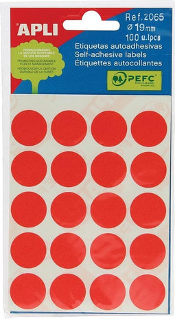 Apli ronde etiketten in etui diameter 19 mm, rood, 100 stuks, 20 per blad (2065)