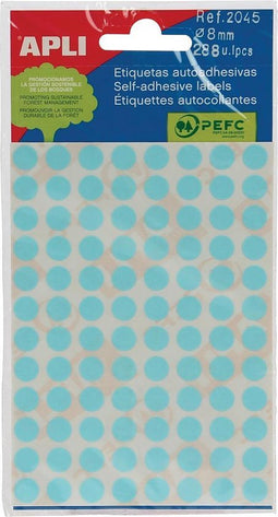 Apli ronde etiketten in etui diameter 8 mm, blauw, 288 stuks, 96 per blad (2045)