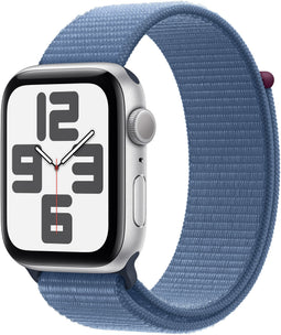 Apple Watch SE (2023), 44mm, GPS, Geweven sportbandje, Zilver (Blauw)