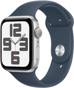Apple Watch SE (2023), 44mm, GPS, Sportbandje M/L, Zilver (Blauw)