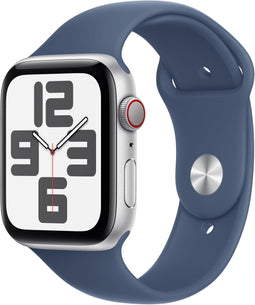 Apple Watch SE (2024), 44mm, GPS + Cellular, Sportbandje M/L, Zilver (Blauw)