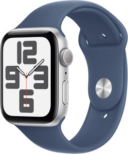 Apple Watch SE (2024), 44mm, GPS, Sportbandje M/L, Zilver (Blauw)