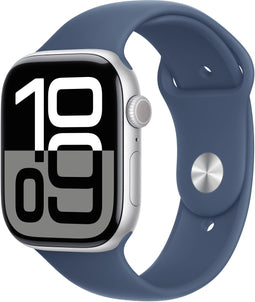 Apple Watch Series 10, 46mm, GPS, Aluminium, Sportbandje M/L, Zilver (Blauw)