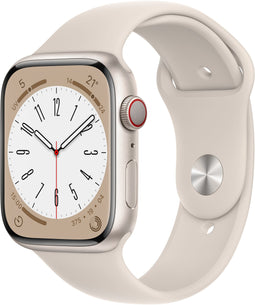 Apple Watch Series 8, 45mm, GPS + Cellular, aluminium, Sportbandje, Wit (Beige)