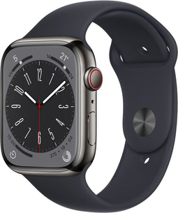 Apple Watch Series 8, 45mm, GPS + Cellular, RVS, Sportbandje, Grafiet (Zwart)