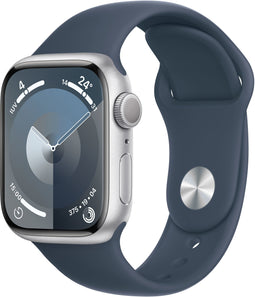 Apple Watch Series 9, 41mm, GPS, Aluminium, Sportbandje M/L Zilver (Blauw)