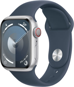 Apple Watch Series 9, 41mm, GPS + Cellular, Aluminium, Sportbandje S/M Zilver (Blauw)