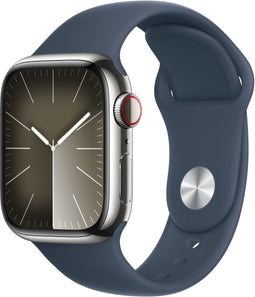 Apple Watch Series 9, 41mm, GPS + Cellular, RVS, Sportbandje S/M Zilver (Blauw)