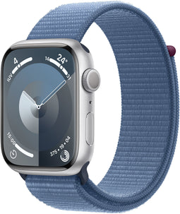 Apple Watch Series 9, 45mm, GPS, Aluminium, Geweven sportbandje, Zilver (Blauw)