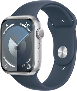 Apple Watch Series 9, 45mm, GPS, Aluminium, Sportbandje M/L, Zilver (Blauw)