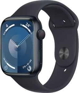 Apple Watch Series 9, 45mm, GPS, Aluminium, Sportbandje M/L Zwart (Zwart)