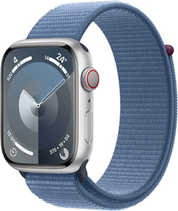 Apple Watch Series 9, 45mm, GPS + Cellular, Aluminium, Geweven sportbandje Zilver (Blauw)