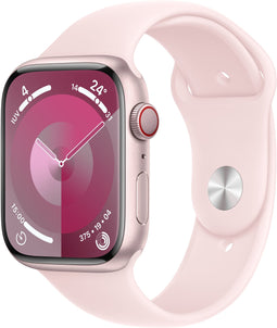 Apple Watch Series 9, 45mm, GPS + Cellular, Aluminium, Sportbandje M/L Roze (Roze)