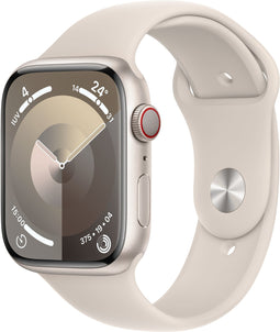 Apple Watch Series 9, 45mm, GPS + Cellular, Aluminium, Sportbandje S/M Zilver (Beige)