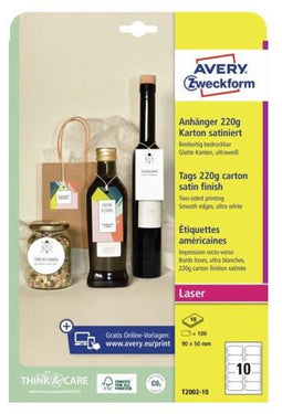 Avery-Zweckform T2002-10 Labels 90 x 50 mm Karton Ultra-wit 100 stuk(s) Niet hechtend Laser (kleur), Laser (zwart/wit)