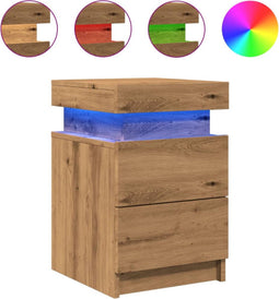 vidaXL - Nachtkastjes - 2 - st - met - LED - 35x39x55 - cm - hout - artisanaal - eiken
