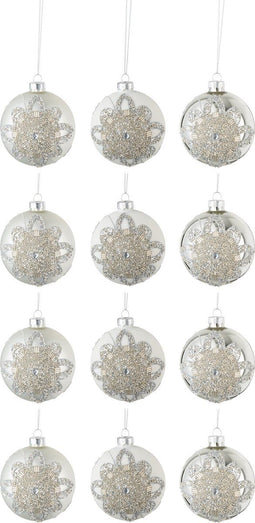 J-Line kerstbal Ornament Parels - glas - mat wit/zilver - small - doos van 12