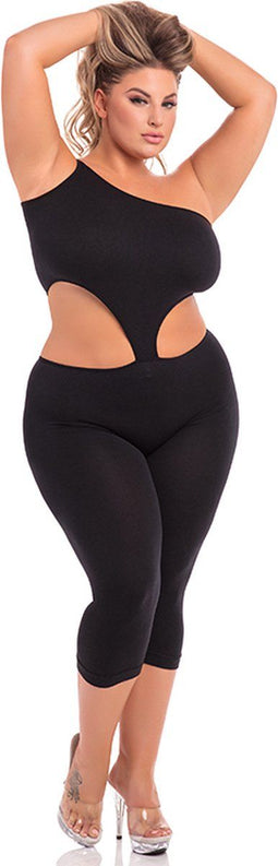 Pink Lipstick Lingerie Catsuit -XL/2XL- ONE SHOULDER CROPPED Zwart
