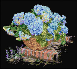 Thea Gouverneur - Borduurpakket met telpatroon - 2046.05 - Voorgesorteerde DMC Garens - Blauwe Hortensia - Zwart Aida - 37 cm x 33 cm - DIY Kit