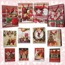 Assortiment van 12 kerstcadeauzakjes met touwhandvaten en bijpassende cadeau-etiketten - 4 Grote (31 x 40 cm), 4 Middelgrote (26 x 32 cm) en 4 Kleine (18 x 24 cm)