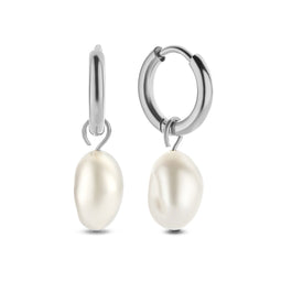 CO88 Collection Oorbellen Dames - Oorringen Met Hanger - Parel Oorbellen - 9x7mm - Ø11mm - Staal - Zilverkleurig - 8CE-70425