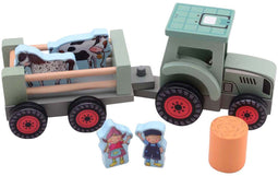 Fien & Teun Houten Tractor met Aanhanger - Inclusief Dieren en Accessoires - 34 x 11 x 12 cm (7 dlg)