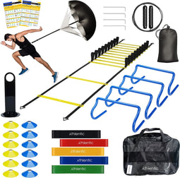 Athlentic® Voetbal Trainingsmateriaal - Voetbal trainingsset - Agility Speedladder, Parachute met Trainingshoedjes Pionnen - Voetbal training set - Fitness Spullen - Springtouw en Weerstandsbanden - Incl. Draagtas